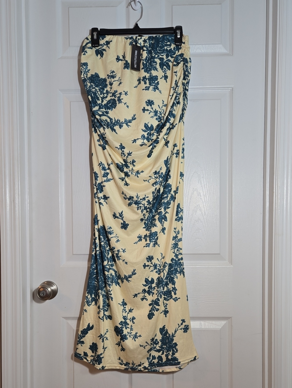 PrettyLittleThing Cream Strapless Maxi Dress with Blue Floral Print